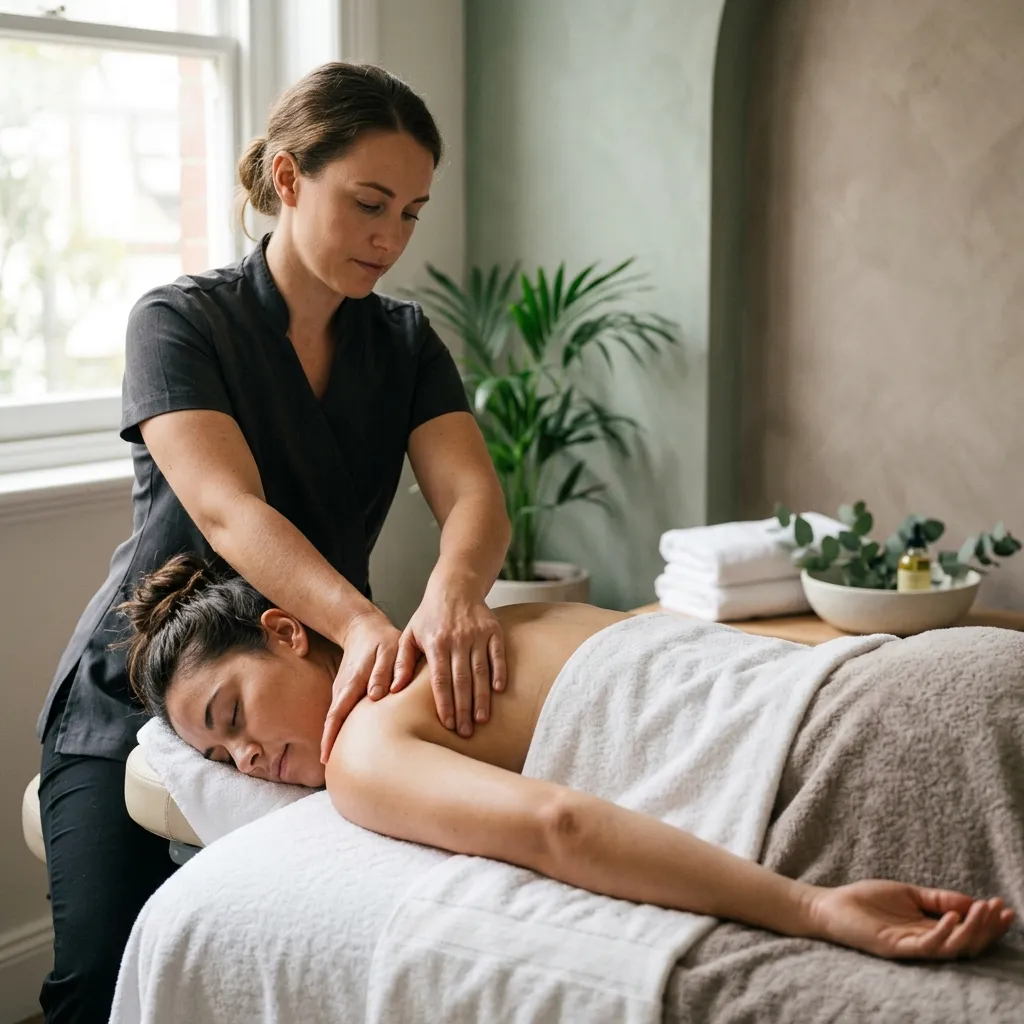 Remedial massage therapist applying focused pressure to a client's upper back