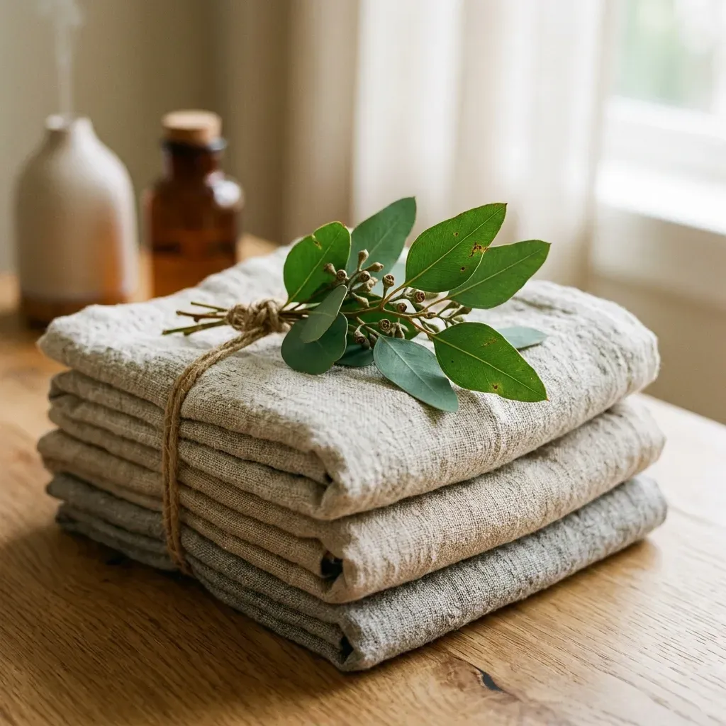 Folded linens and eucalyptus