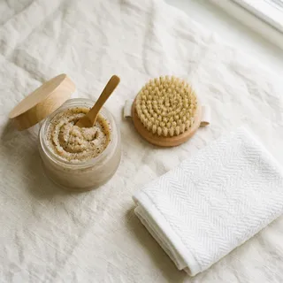 Open jar of body scrub with a wooden massage brush and towel