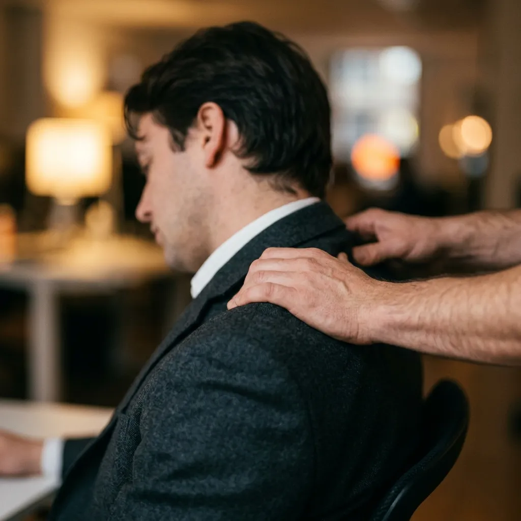 Corporate massage therapist working on a client's shoulders at an office wellness event